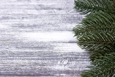 Gri ahşap arka plan christmas dekorasyon yeşil dallarda.