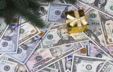Doları arka plan, ağaç dalları çam, hediye kutusu.
