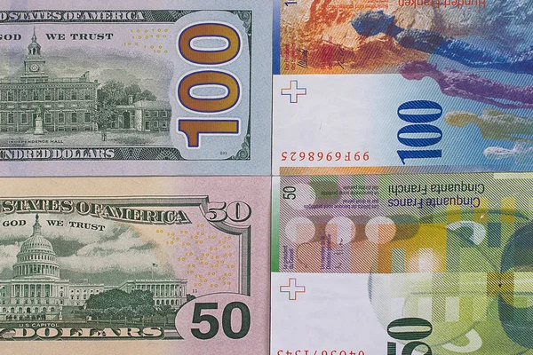 100 dollar 50 swiss franc money background. — Stock Photo, Image