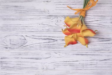 Beyaz ahşap masa üzerinde kırmızı sarı calla lily.