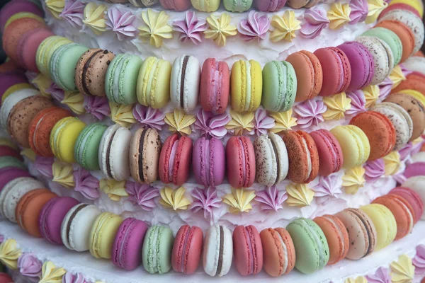Colorful macaroon cookies cake, candy shop ad.
