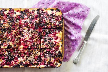 Kare dilimlere kesilmiş süzme peynirli dutlu turta.