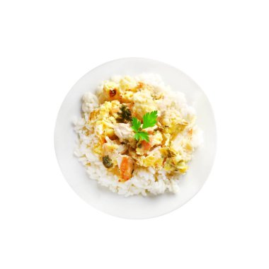 Tavuk göğsü ve karnabahar güveci ve yalıtılmış bir tabakta pirinç.