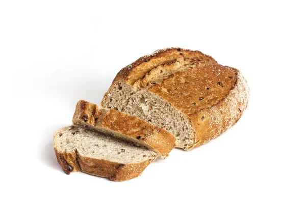 Loaf of whole wheat bread with slices isolated on white background — Stock Photo, Image
