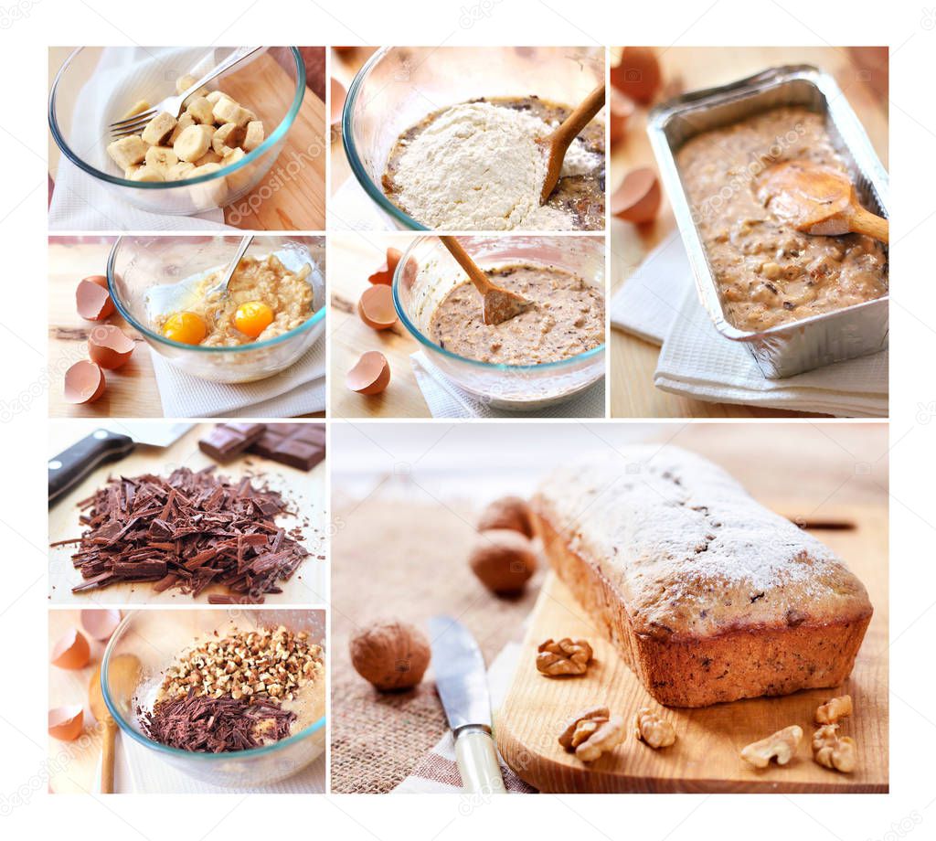 Collage of stages of cooking Banana cake with walnuts and dark chocolate