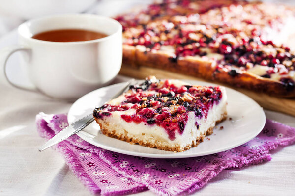 Tasty breakfast. Delicious pie with berries and cottage cheese 