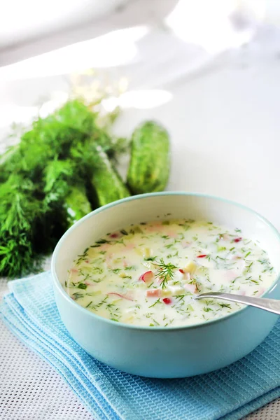 Okroshka Sopa Fría Tradicional Rusa Con Pepino Fresco Huevos Cocidos — Foto de Stock