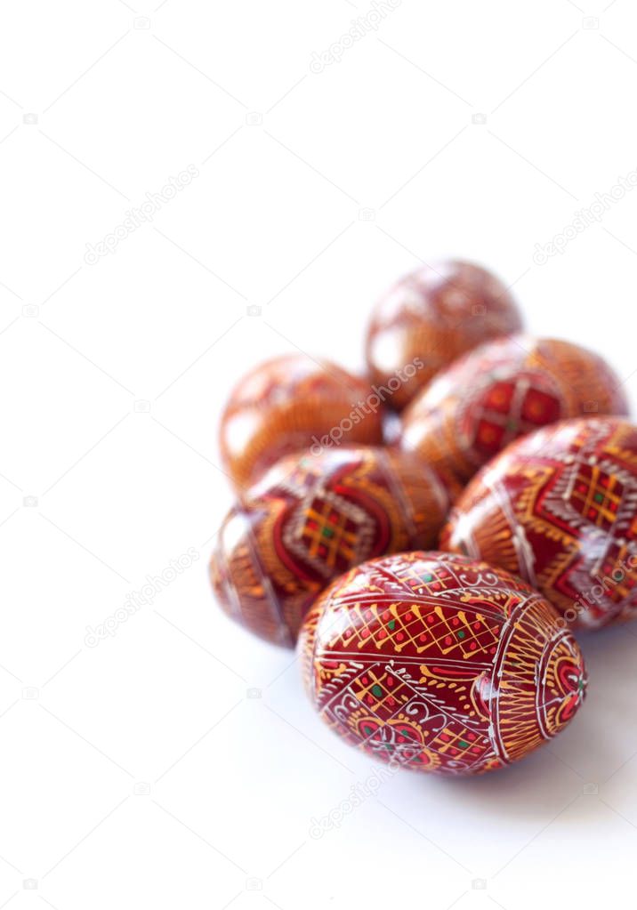 Pysanky - Ukrainian traditional painted Easter eggs on white background. Copy space