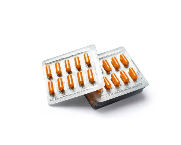 Capsules Pilule Orange Plaquettes Thermoformées Isolées Sur Fond Blanc Avec — Photo