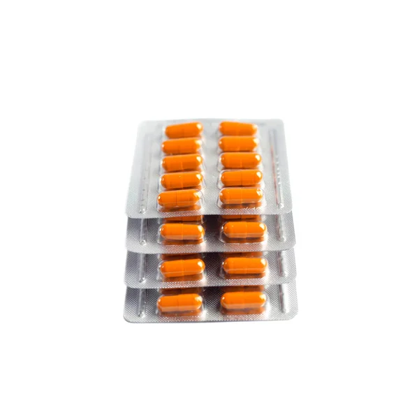 Capsules Pilule Orange Plaquettes Thermoformées Isolées Sur Fond Blanc — Photo