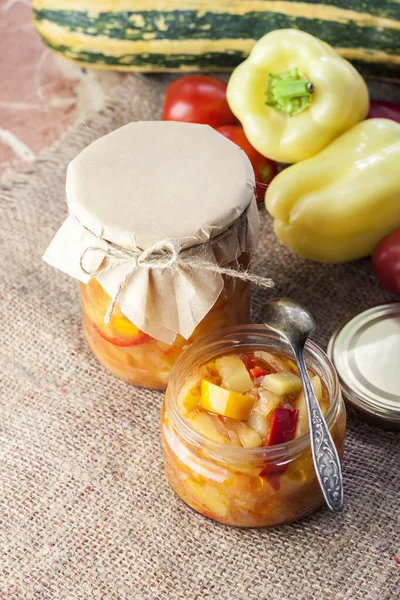 Homemade Preserving Zucchini Bell Pepper Salad Glass Jar Ingredients Background — Stock Photo, Image