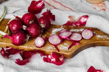 Bir kırmızı kıyılmış soğan salata için tuz ile plakadır