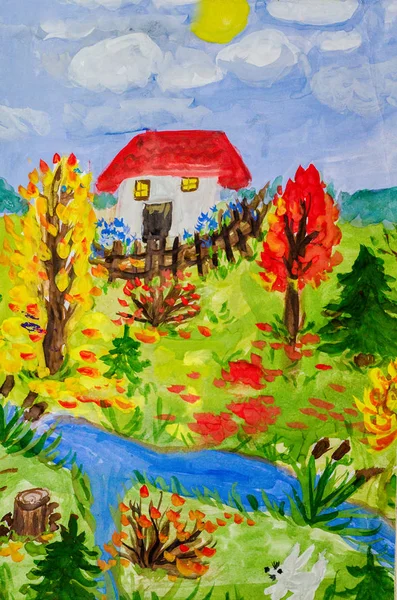 Bir çocuğun çizim sonbahar manzara — Stok fotoğraf