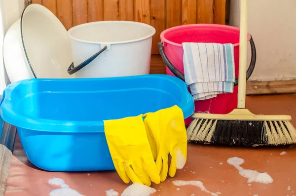 a bucket of water prepared for washing floors