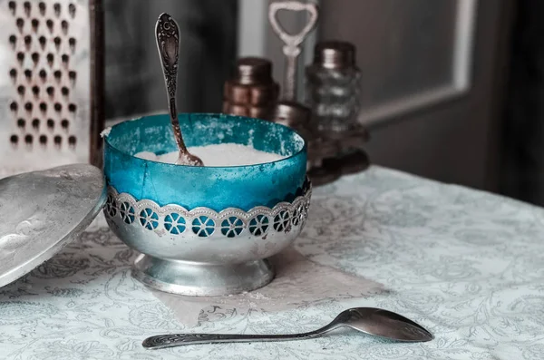 Blue sugar bowl for family tea drinking — Stock Photo, Image