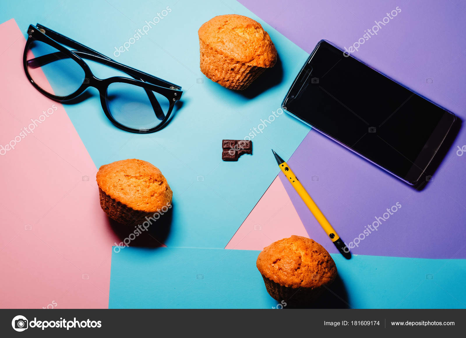 Three Cupcakes Baking Confectionery Phone Communication Glasses Sight Office Workplace Stock Photo Three Cupcakes Baking Confectionery Phone Communication Glasses Sight Office Workplace Stock Photo
