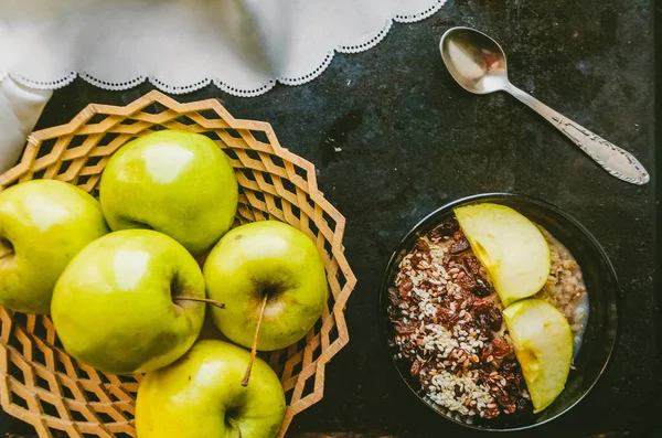 Ripe Apples Plate Oatmeal Cereal Seeds — Stock Photo, Image