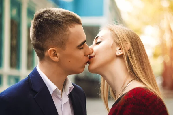 Gentle Kiss Feelings Two People Touching Your Lips Portrait Couple — Stock Photo, Image