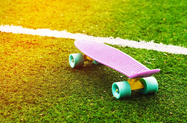 Penny board on the grass. sports lifestyle. Sun rays — Stock Photo, Image
