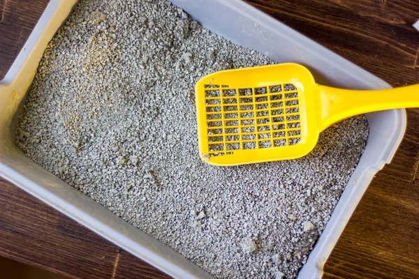Żółty plastikowe scoop na szary kuwetę, wypełnione przez miot niebieski piasek — Zdjęcie stockowe