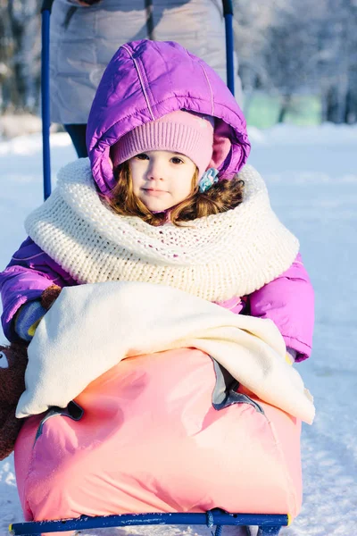 Симпатичная девушка сидит в санях в зимнем парке . — стоковое фото