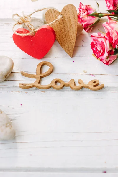 Дерев Яні Слово Любов Троянди Серця День Святого Валентина Фону — стокове фото