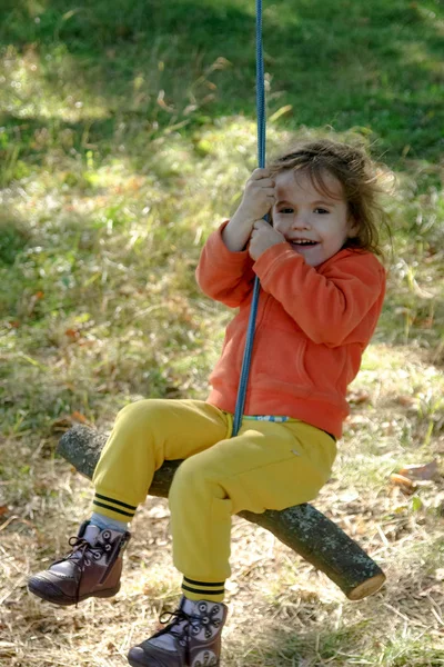 Menina criança na mão primitiva fez balanço no parque de outono. — Fotografia de Stock