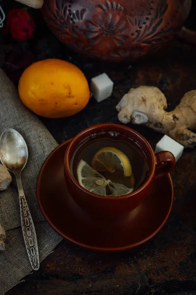 Ginger tea with lemon, lime and sugar. — Stock Photo, Image