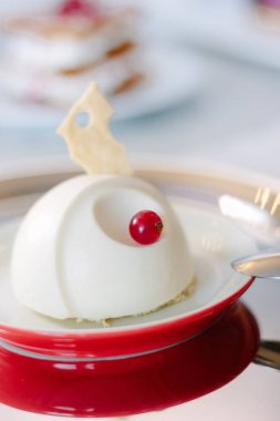 Güzel ve lezzetli panna cotta kırmızı plaka üzerinde.