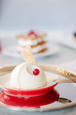 Güzel ve lezzetli panna cotta kırmızı plaka üzerinde.