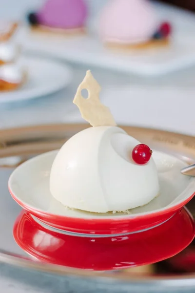 Belle et délicieuse panna cotta sur plaque rouge . — Photo