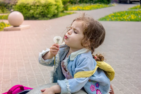 Menina miúdo soprar dente de leão — Fotografia de Stock