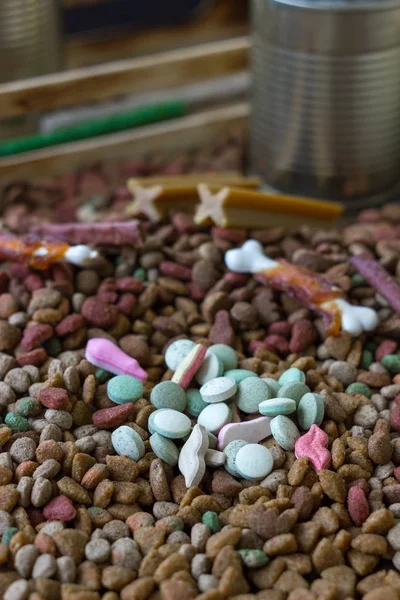 Comprimidos de vitamina para animais de estimação no quadril de alimentos secos para animais de estimação. — Fotografia de Stock