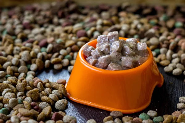 Мокрые консервы корма для домашних животных в миске, окруженной сухой пищей. — стоковое фото