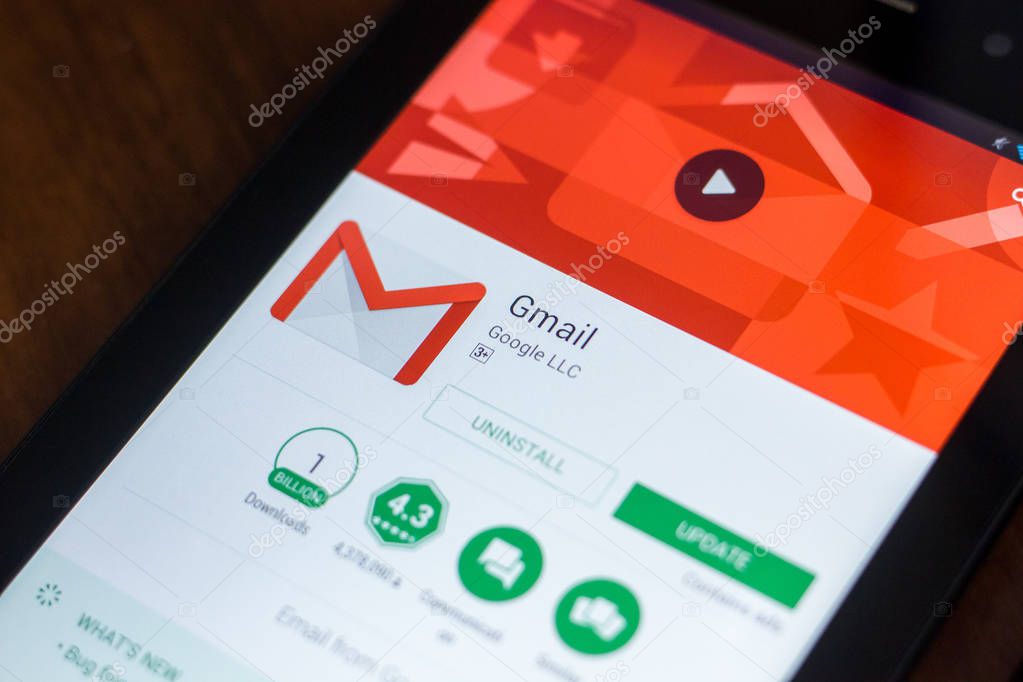 Ryazan, Russia - March 21, 2018 - Gmail app with logo on a display of tablet PC