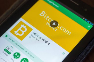 Ryazan, Rusya Federasyonu - 29 Mart 2018 - Bitcoin m-cüzdan uygulaması Tablet Pc ekranda
