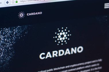 Ryazan, Rusya Federasyonu - 29 Mart 2018 - Pc, web adresi ekranda Cardano ana cryptocurrency - cardano.org