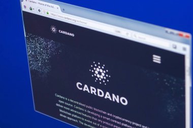 Ryazan, Rusya Federasyonu - 29 Mart 2018 - Pc, web adresi ekranda Cardano ana cryptocurrency - cardano.org