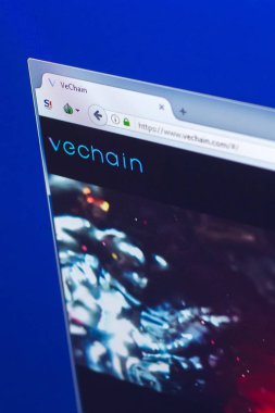 Ryazan, Rusya Federasyonu - 29 Mart 2018 - Pc ekranda, url Vechain ana cryptocurrency - vechain.com