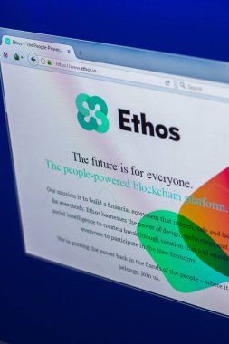 Ryazan, Rusya Federasyonu - 29 Mart 2018 - Ethos Homepage Kripto para üstünde belgili tanımlık göstermek PC, web adresi - ethos.io