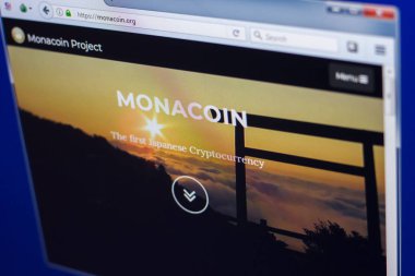 Ryazan, Rusya Federasyonu - 29 Mart 2018 - Monacoin ana Kripto para üstünde belgili tanımlık göstermek PC, web adresi - monacoin.org.