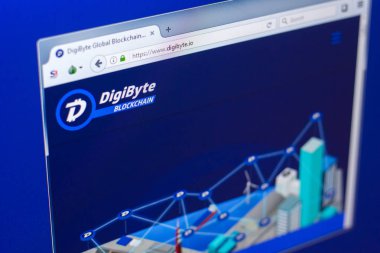 Ryazan, Rusya Federasyonu - 29 Mart 2018 - Digibyte ana Kripto para üstünde belgili tanımlık göstermek PC, web adresi - digibyte.co.