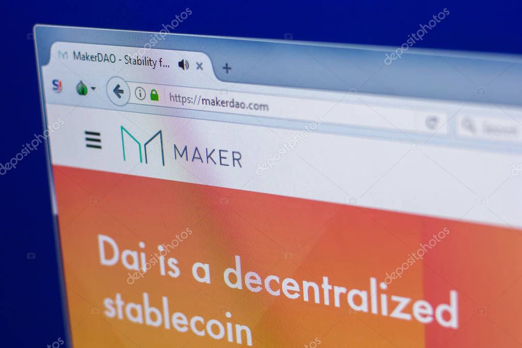 Ryazan, Russia - March 29, 2018 - Homepage of Maker crypto currency on the PC display, web address - makerdao.com