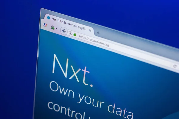 Ryazan, Rusia - 29 de marzo de 2018 - Página de inicio de la moneda criptográfica NXT en la pantalla de la PC . —  Fotos de Stock