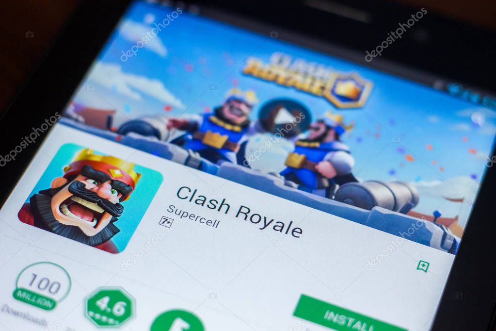 Ryazan, Russia - March 21, 2018 - Clash Royale mobile app on the display of tablet PC
