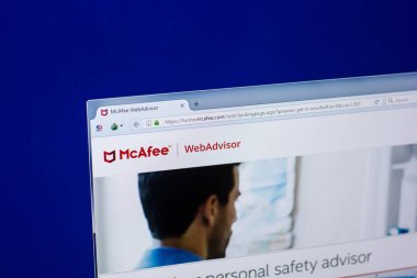 Ryazan, Russia - April 16, 2018 - Homepage of Mcafee website on the display of PC, url - mcafee.com. clipart
