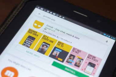 Ryazan, Rusya Federasyonu - 19 Nisan 2018 - Grindr gay sohbet simgesi üzerinde mobil uygulamalar listesi.
