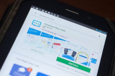 Ryazan, Rusya Federasyonu - 19 Nisan 2018 - Handcent sonraki Sms simgesi üzerinde mobil uygulamalar listesi.
