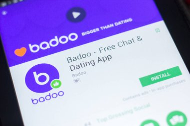 Ryazan, Rusya Federasyonu - 19 Nisan 2018 - Badoo - ücretsiz sohbet ve Tablet Pc ekranda hareket eden app Dating.
