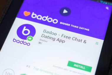 Ryazan, Rusya Federasyonu - 19 Nisan 2018 - Badoo - ücretsiz sohbet ve Tablet Pc ekranda hareket eden app Dating.